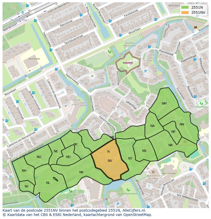 Afbeelding van het postcodegebied 2551 NV op de kaart.