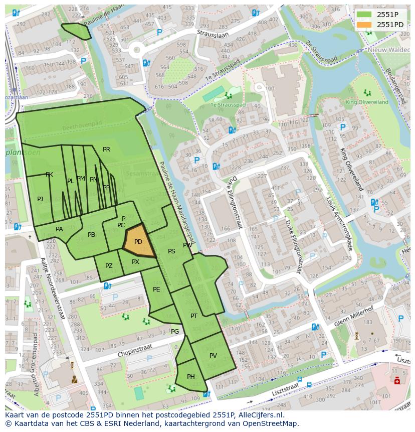 Afbeelding van het postcodegebied 2551 PD op de kaart.