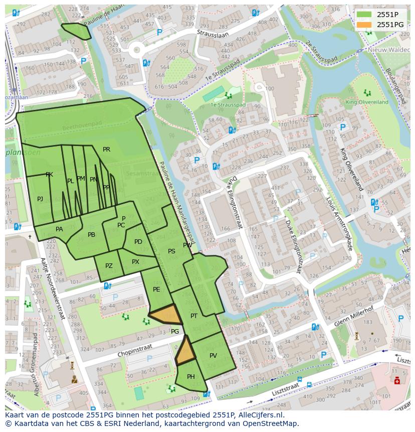 Afbeelding van het postcodegebied 2551 PG op de kaart.