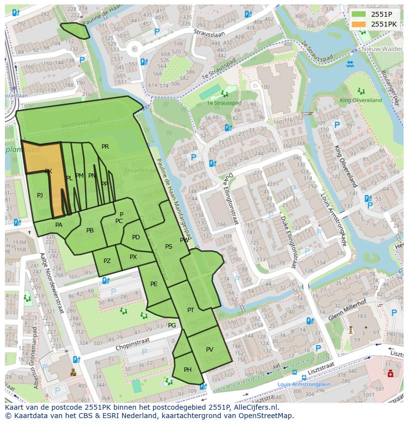 Afbeelding van het postcodegebied 2551 PK op de kaart.