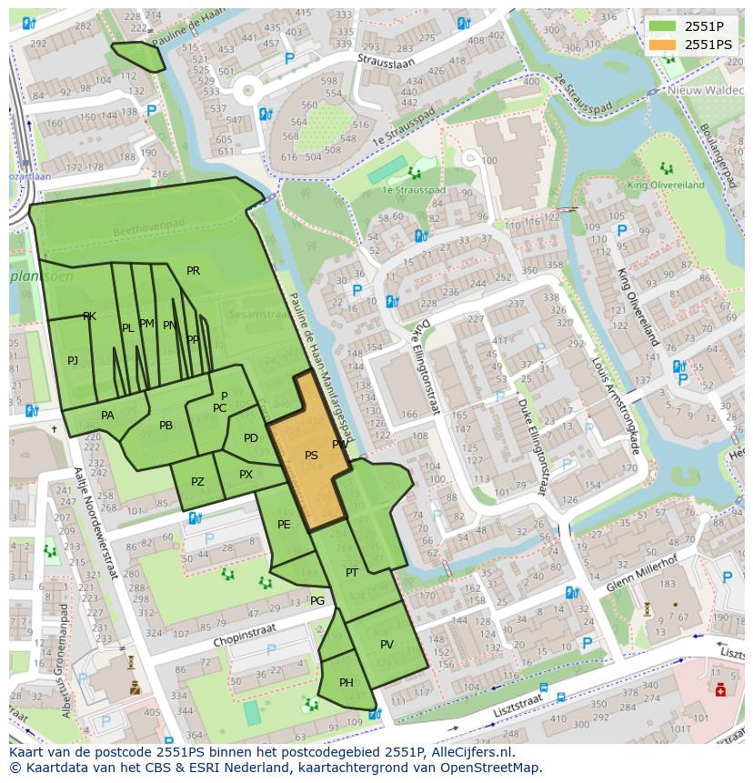 Afbeelding van het postcodegebied 2551 PS op de kaart.