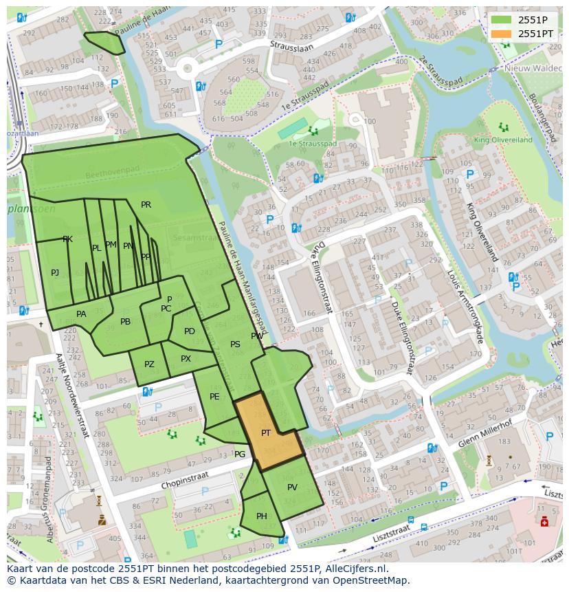 Afbeelding van het postcodegebied 2551 PT op de kaart.