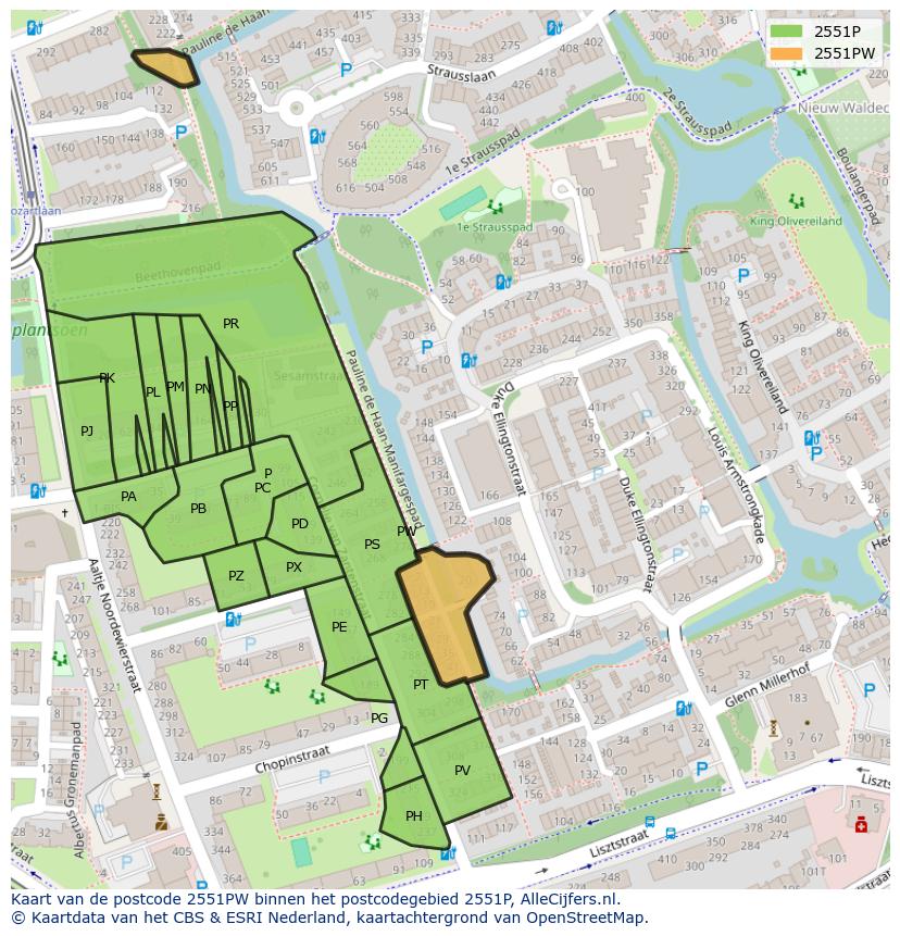 Afbeelding van het postcodegebied 2551 PW op de kaart.