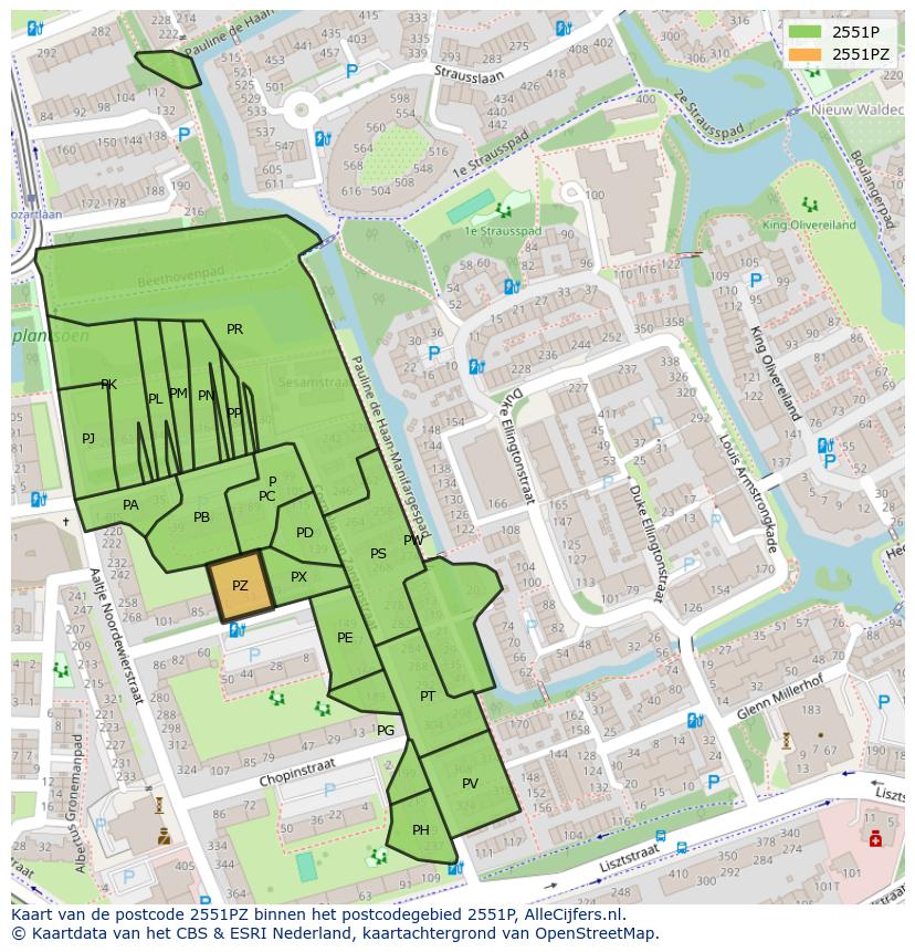 Afbeelding van het postcodegebied 2551 PZ op de kaart.