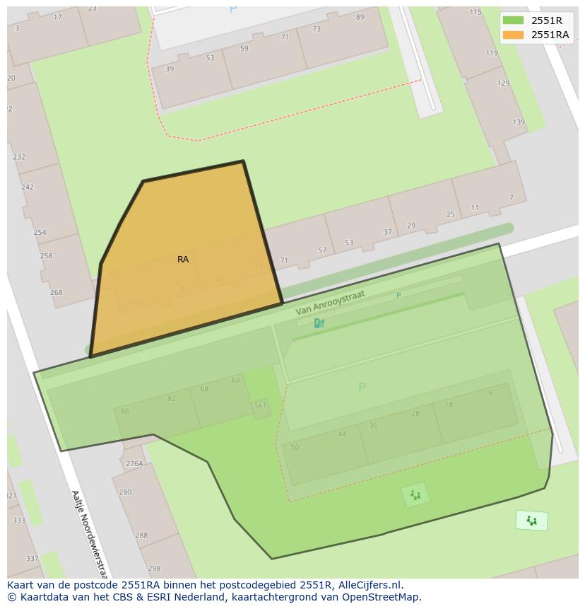 Afbeelding van het postcodegebied 2551 RA op de kaart.