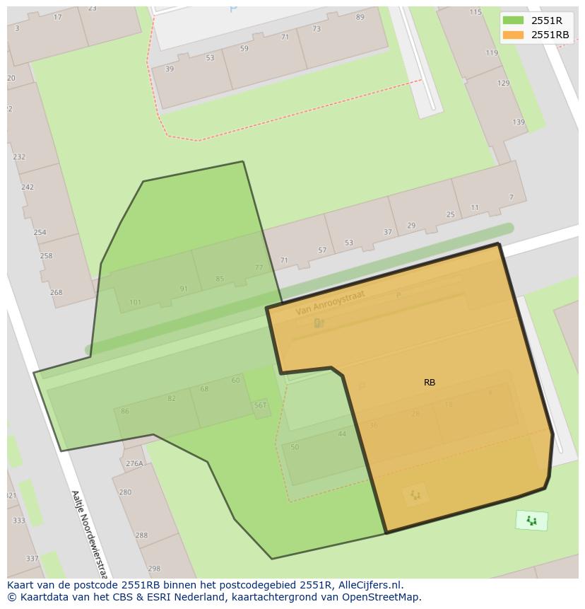 Afbeelding van het postcodegebied 2551 RB op de kaart.