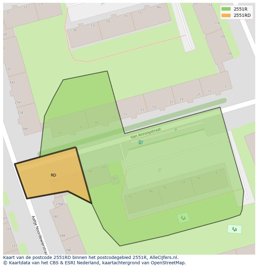 Afbeelding van het postcodegebied 2551 RD op de kaart.