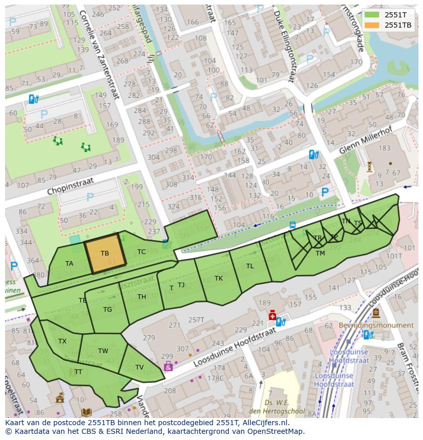 Afbeelding van het postcodegebied 2551 TB op de kaart.