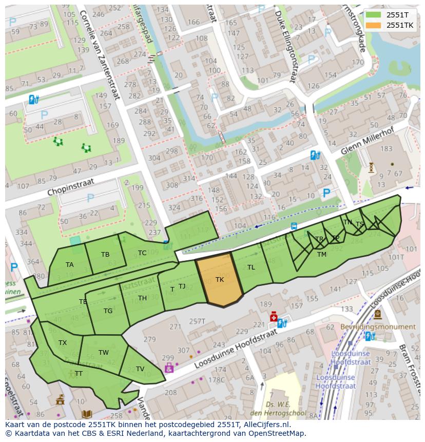 Afbeelding van het postcodegebied 2551 TK op de kaart.