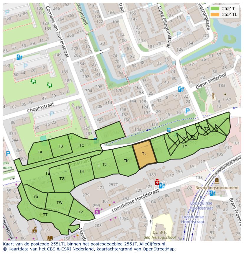 Afbeelding van het postcodegebied 2551 TL op de kaart.