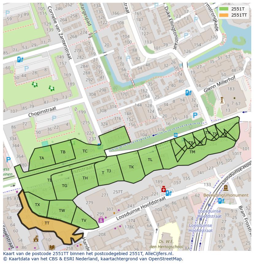 Afbeelding van het postcodegebied 2551 TT op de kaart.