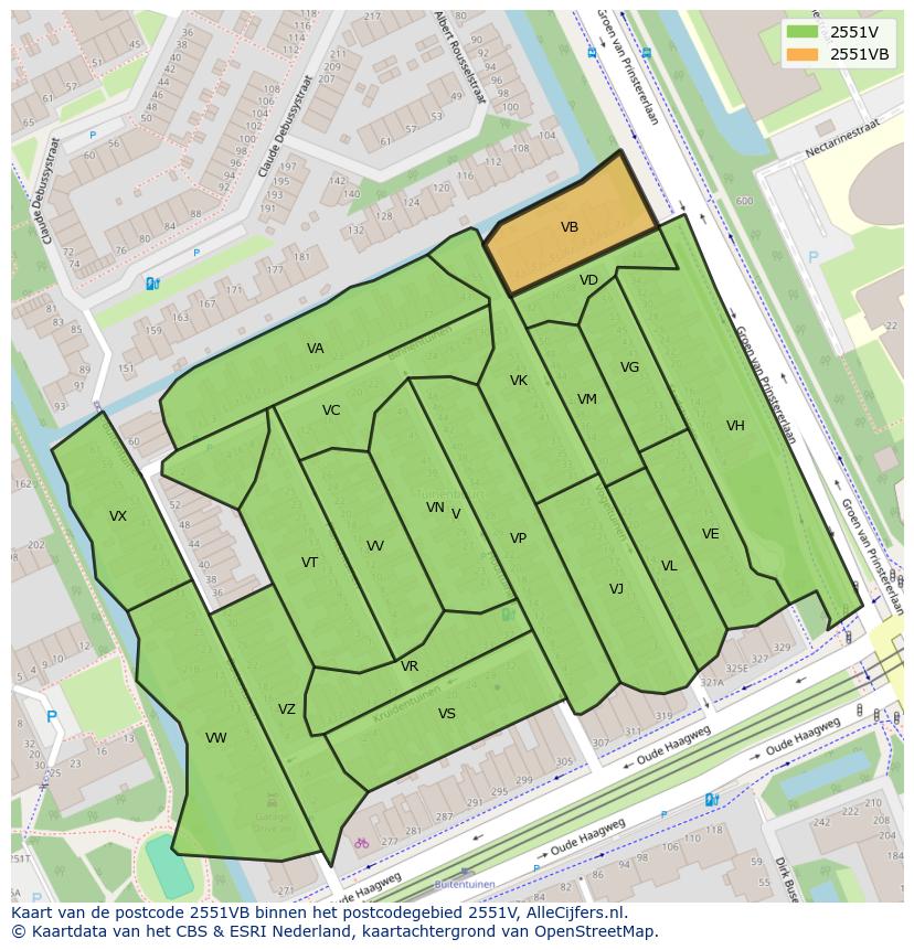Afbeelding van het postcodegebied 2551 VB op de kaart.