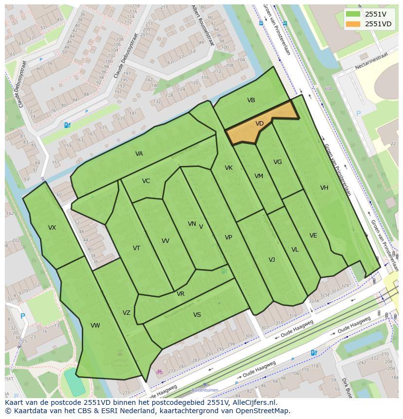 Afbeelding van het postcodegebied 2551 VD op de kaart.
