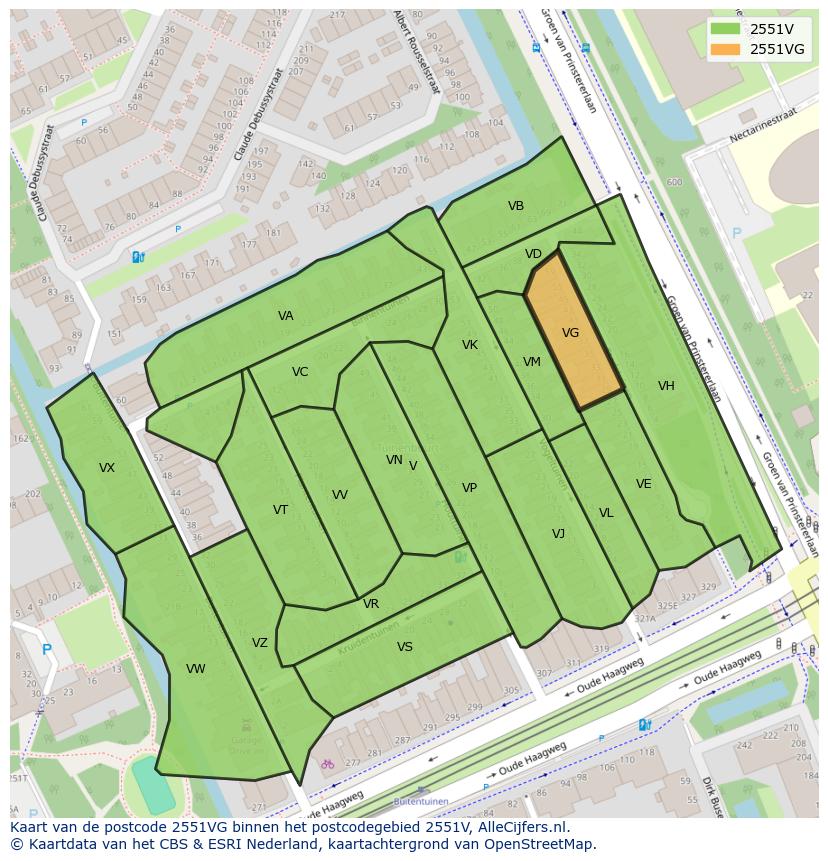 Afbeelding van het postcodegebied 2551 VG op de kaart.
