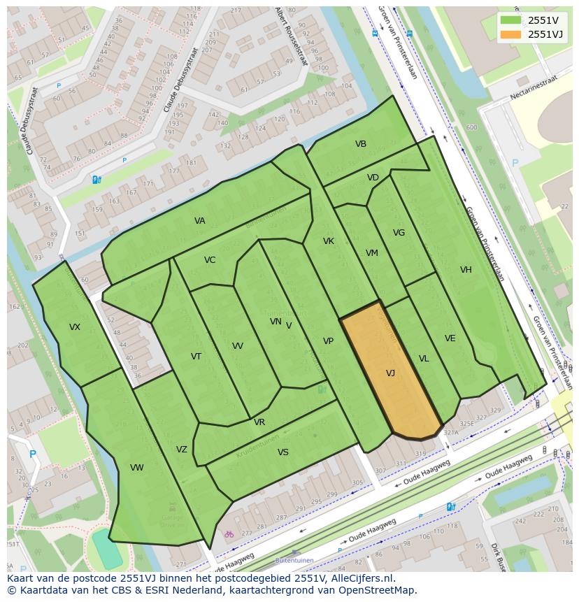 Afbeelding van het postcodegebied 2551 VJ op de kaart.