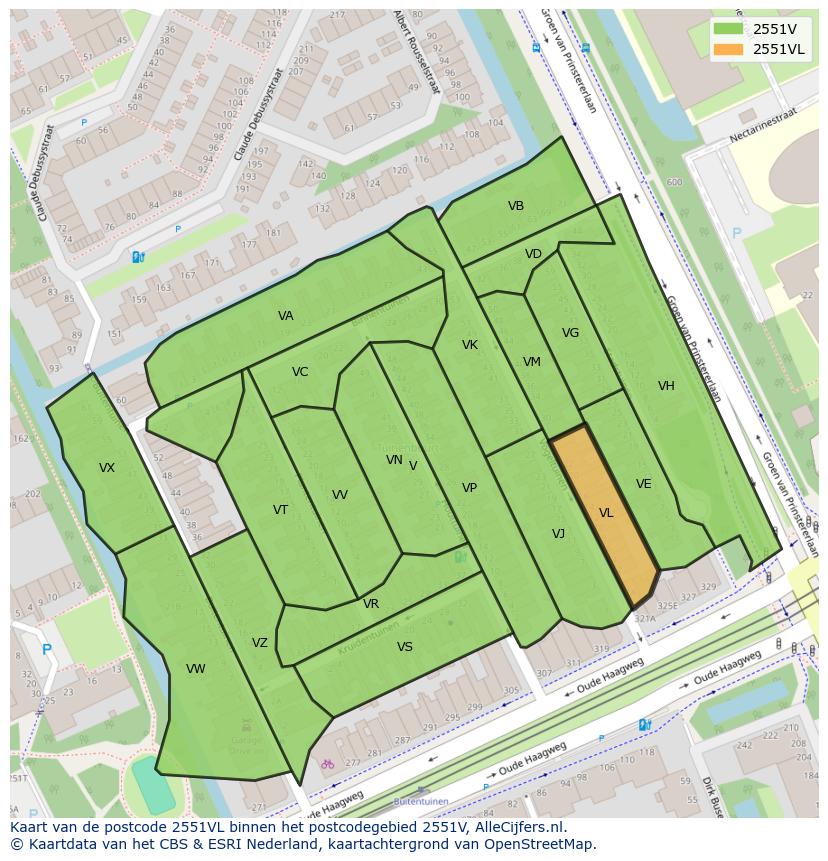 Afbeelding van het postcodegebied 2551 VL op de kaart.