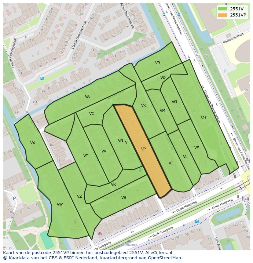 Afbeelding van het postcodegebied 2551 VP op de kaart.