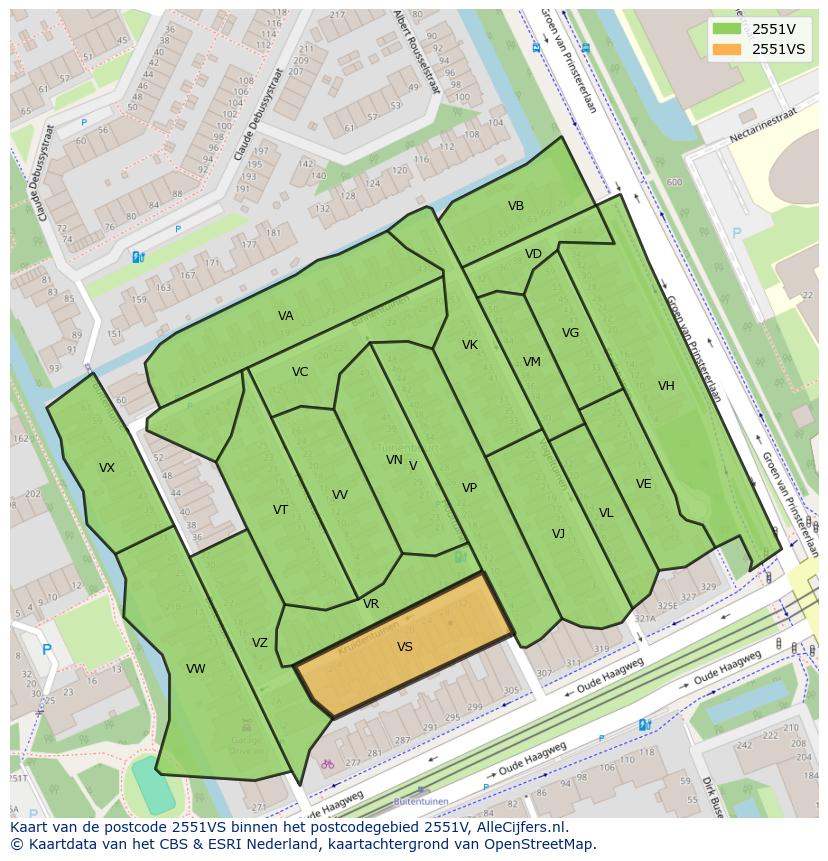Afbeelding van het postcodegebied 2551 VS op de kaart.