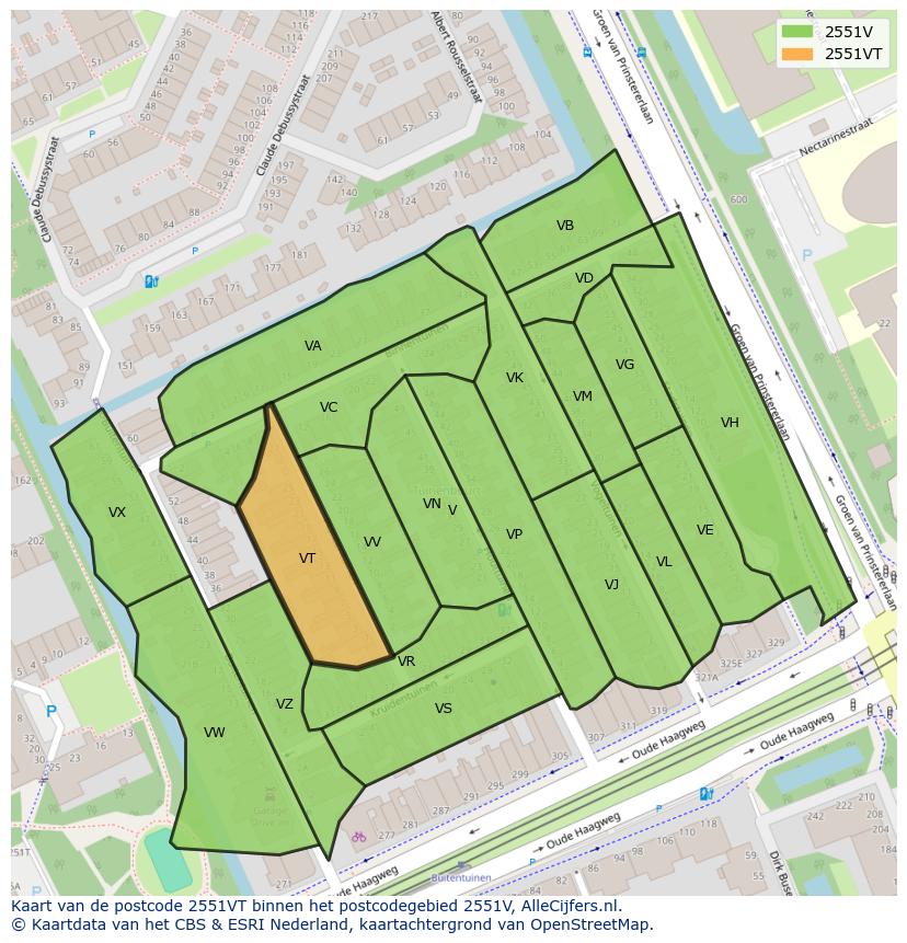 Afbeelding van het postcodegebied 2551 VT op de kaart.