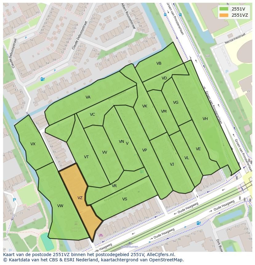 Afbeelding van het postcodegebied 2551 VZ op de kaart.