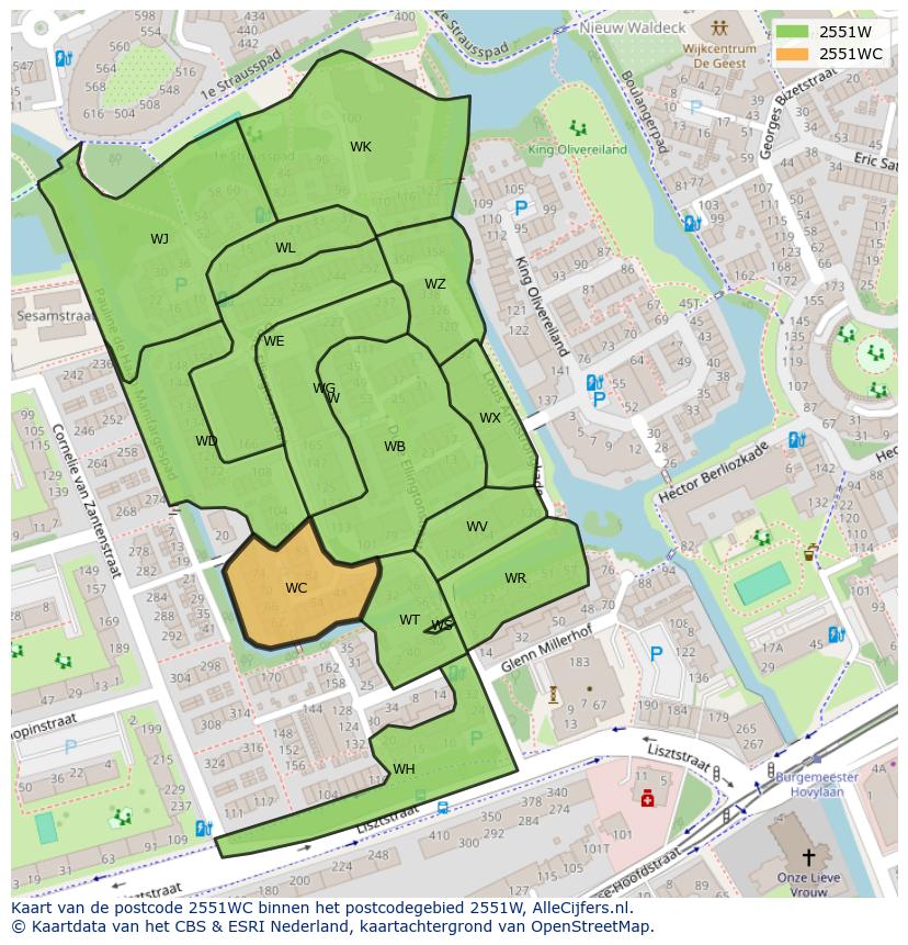 Afbeelding van het postcodegebied 2551 WC op de kaart.