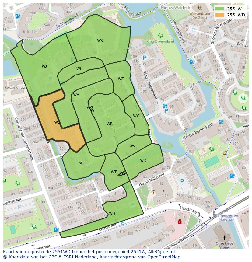 Afbeelding van het postcodegebied 2551 WD op de kaart.