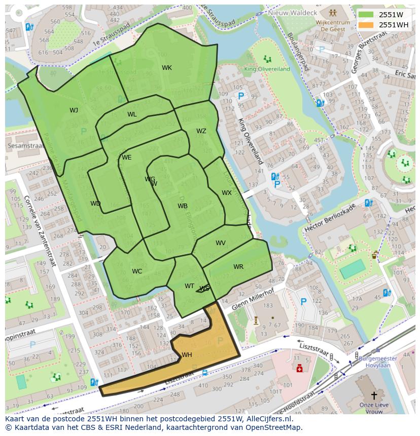 Afbeelding van het postcodegebied 2551 WH op de kaart.