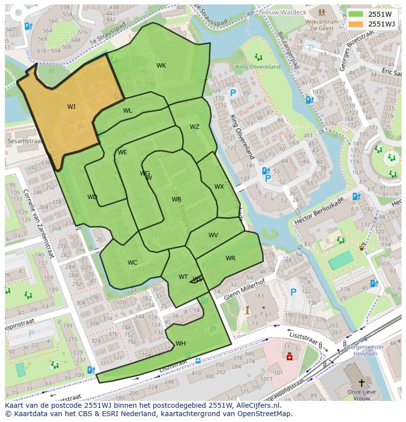 Afbeelding van het postcodegebied 2551 WJ op de kaart.