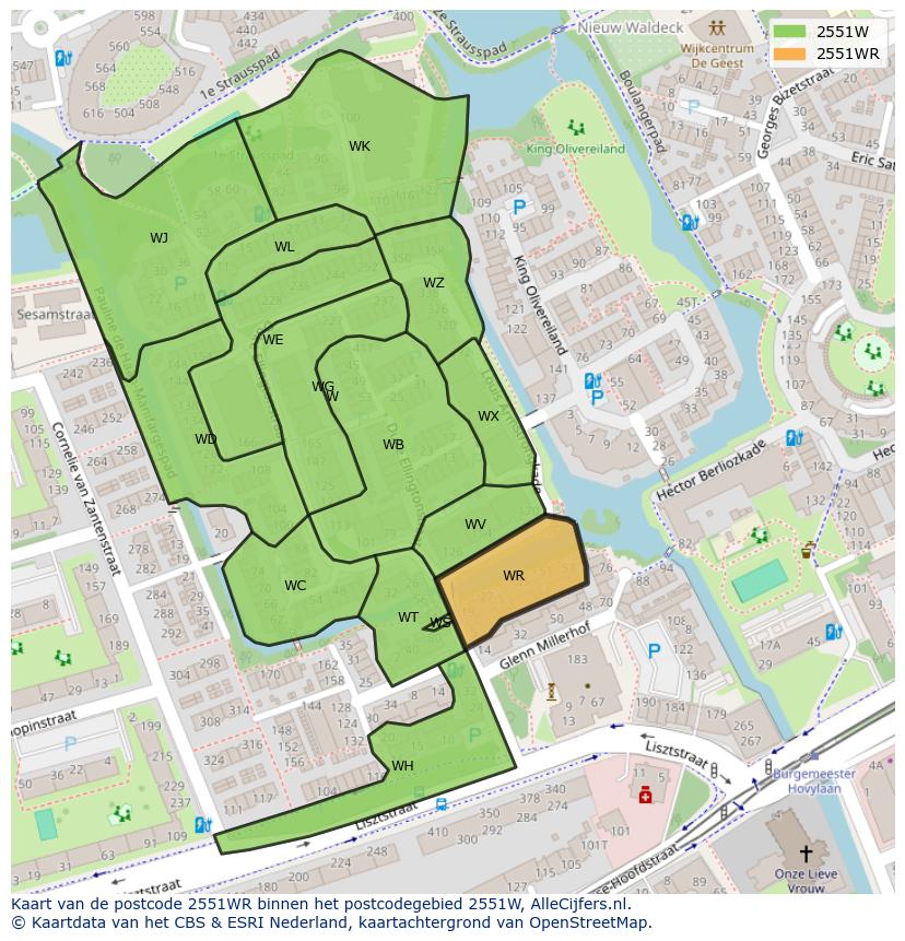 Afbeelding van het postcodegebied 2551 WR op de kaart.
