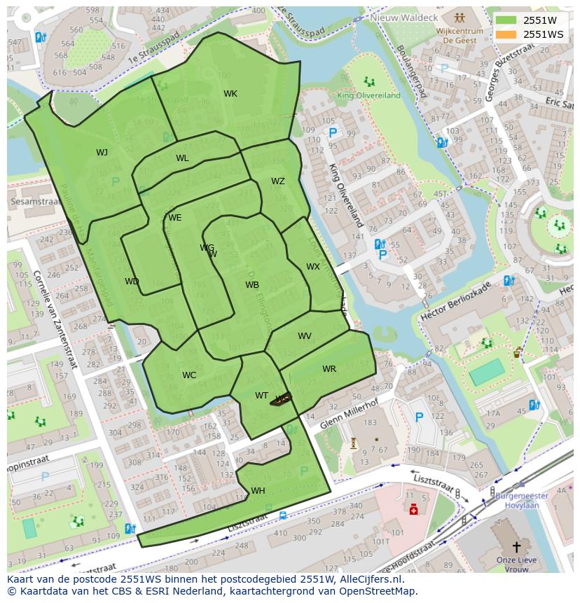 Afbeelding van het postcodegebied 2551 WS op de kaart.
