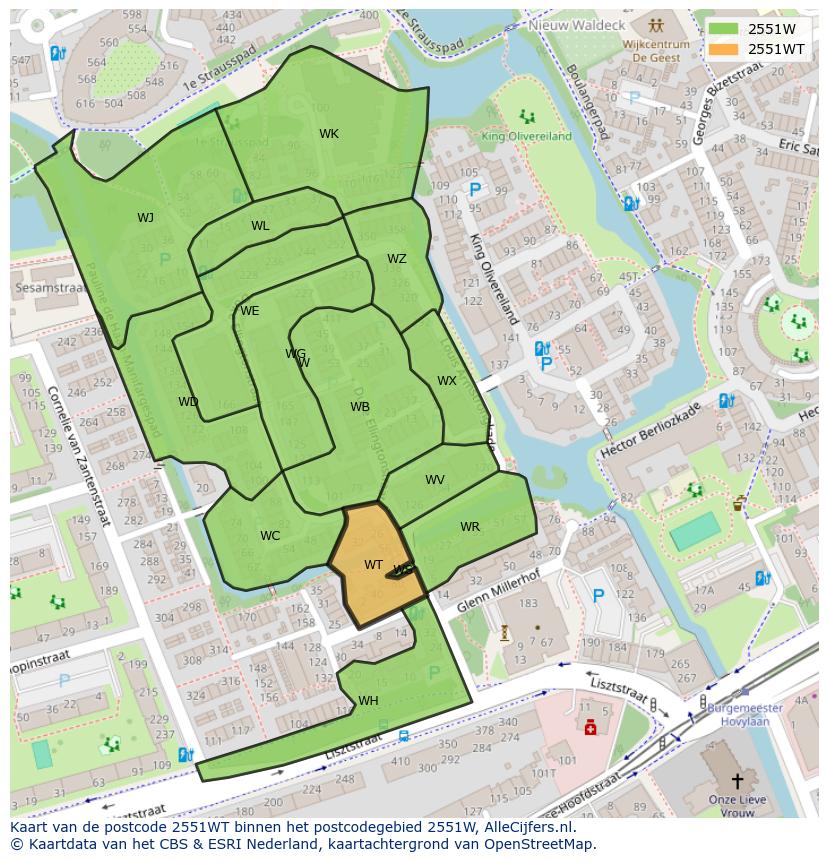 Afbeelding van het postcodegebied 2551 WT op de kaart.