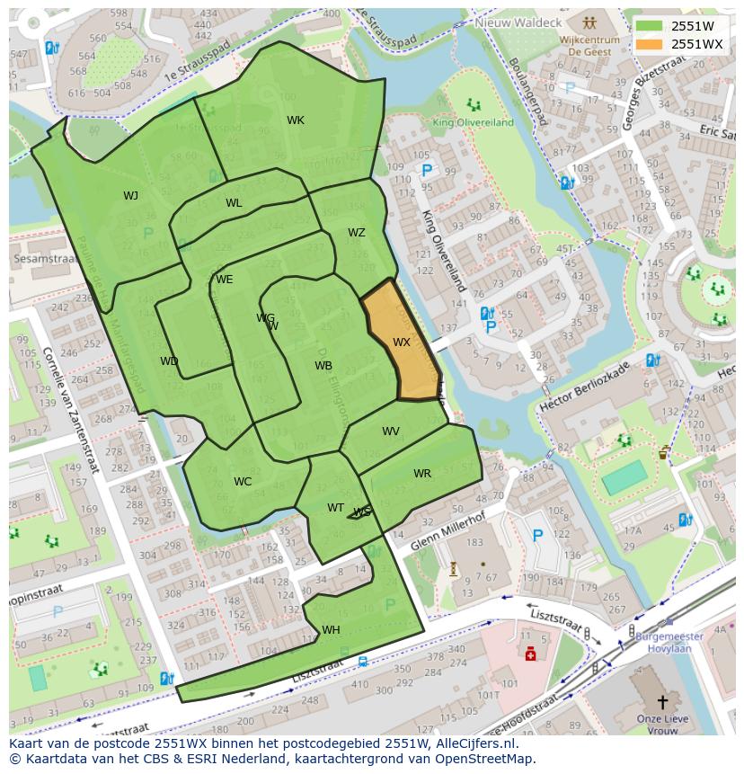Afbeelding van het postcodegebied 2551 WX op de kaart.