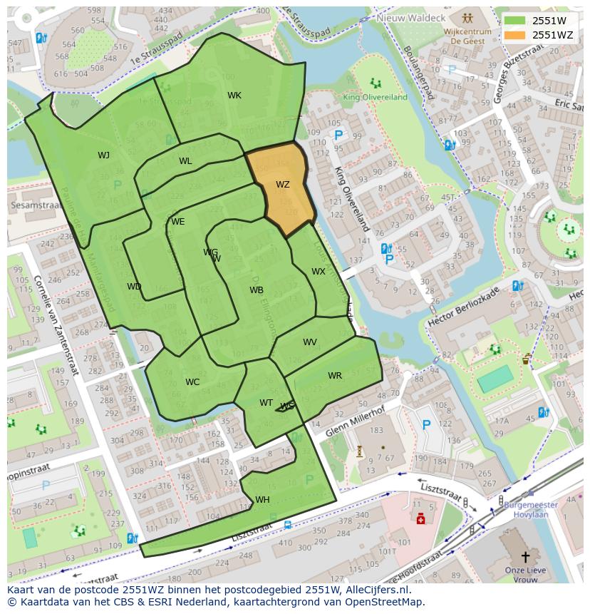 Afbeelding van het postcodegebied 2551 WZ op de kaart.