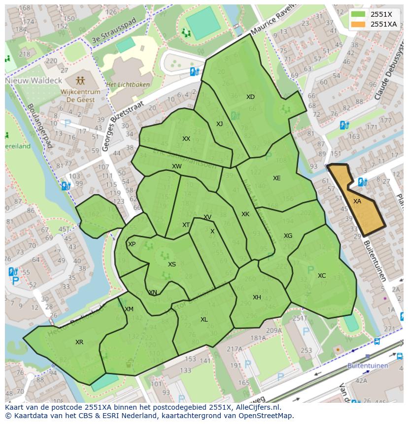 Afbeelding van het postcodegebied 2551 XA op de kaart.