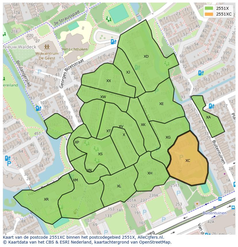 Afbeelding van het postcodegebied 2551 XC op de kaart.