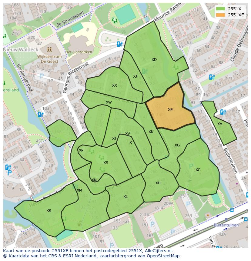 Afbeelding van het postcodegebied 2551 XE op de kaart.