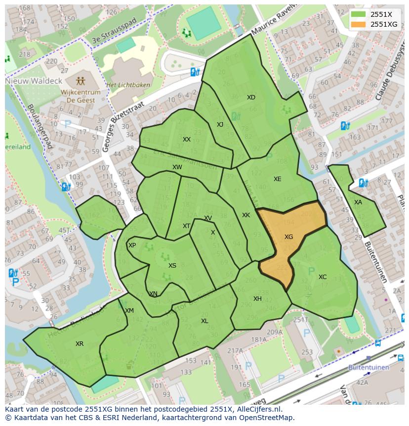 Afbeelding van het postcodegebied 2551 XG op de kaart.