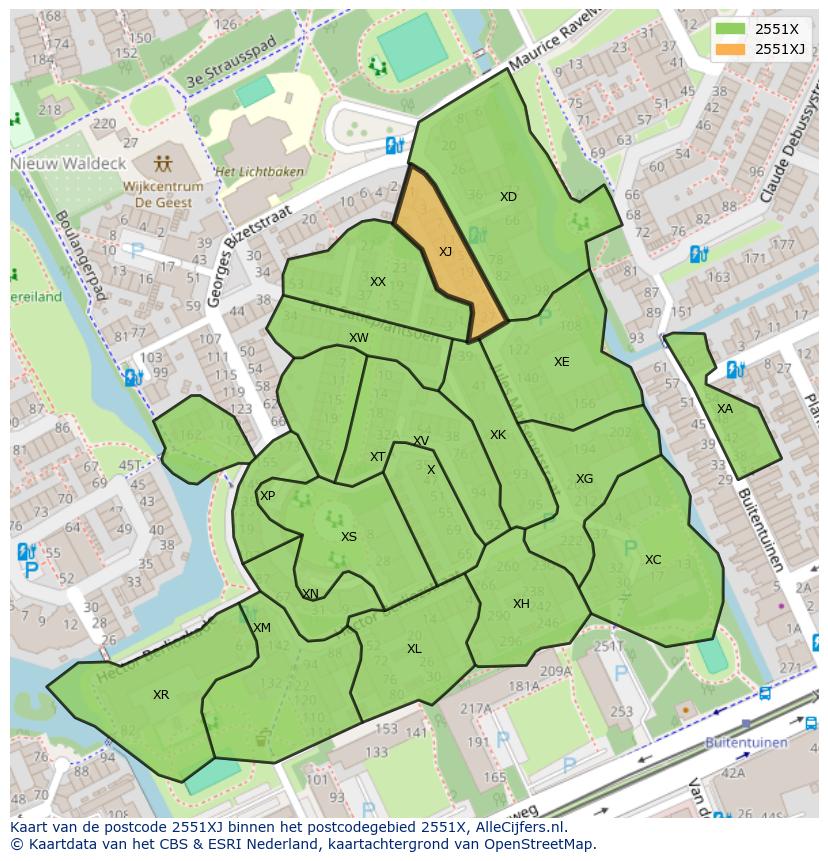 Afbeelding van het postcodegebied 2551 XJ op de kaart.
