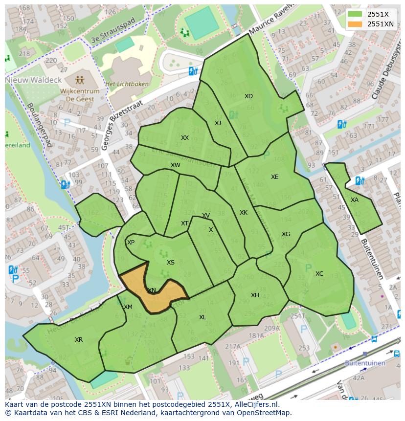 Afbeelding van het postcodegebied 2551 XN op de kaart.