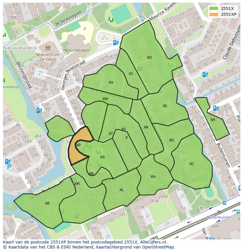 Afbeelding van het postcodegebied 2551 XP op de kaart.