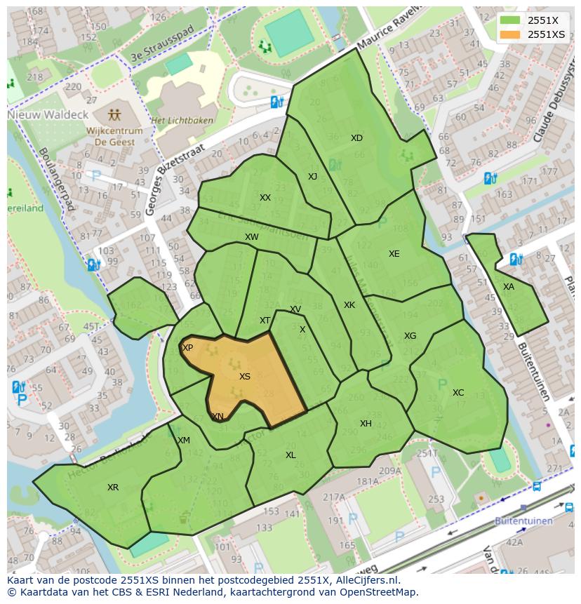 Afbeelding van het postcodegebied 2551 XS op de kaart.