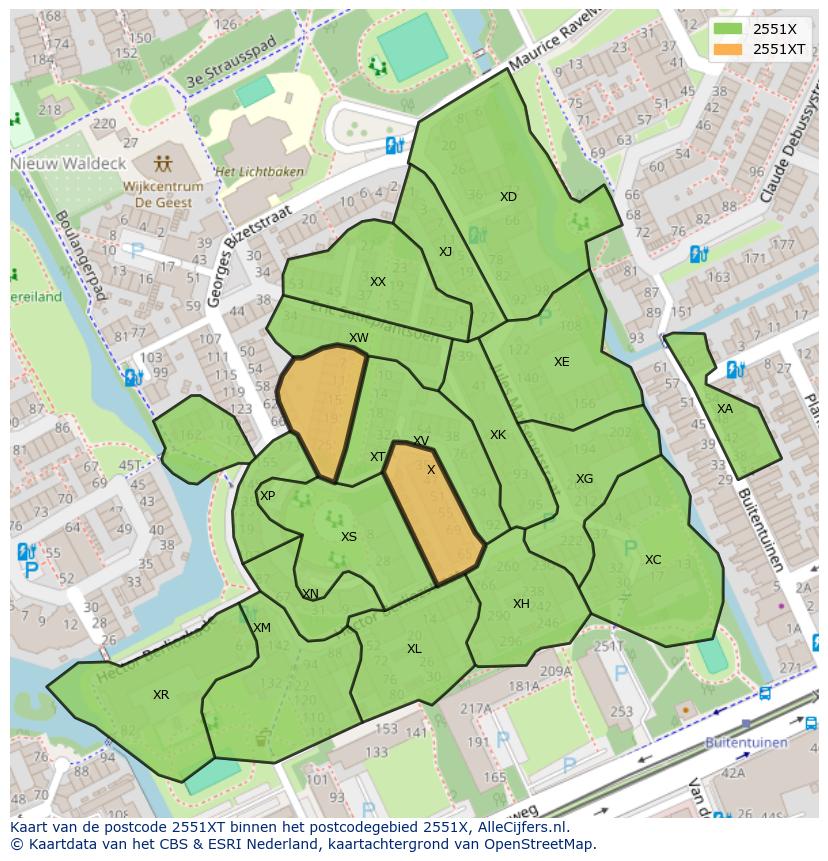 Afbeelding van het postcodegebied 2551 XT op de kaart.