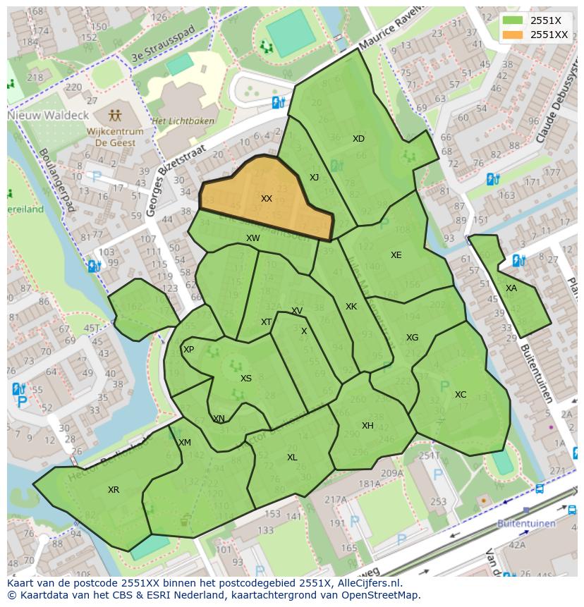 Afbeelding van het postcodegebied 2551 XX op de kaart.
