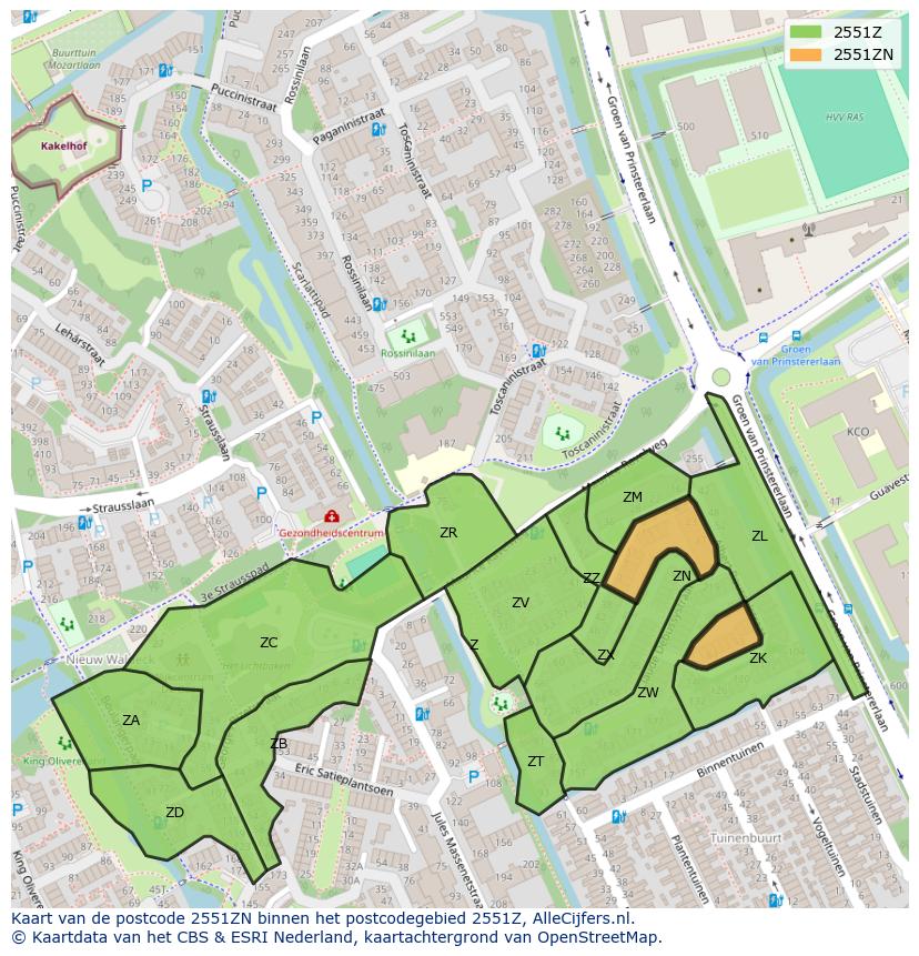 Afbeelding van het postcodegebied 2551 ZN op de kaart.