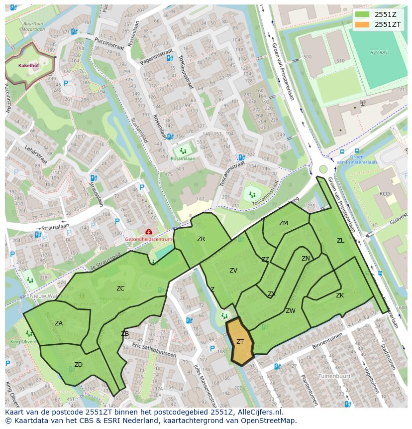 Afbeelding van het postcodegebied 2551 ZT op de kaart.