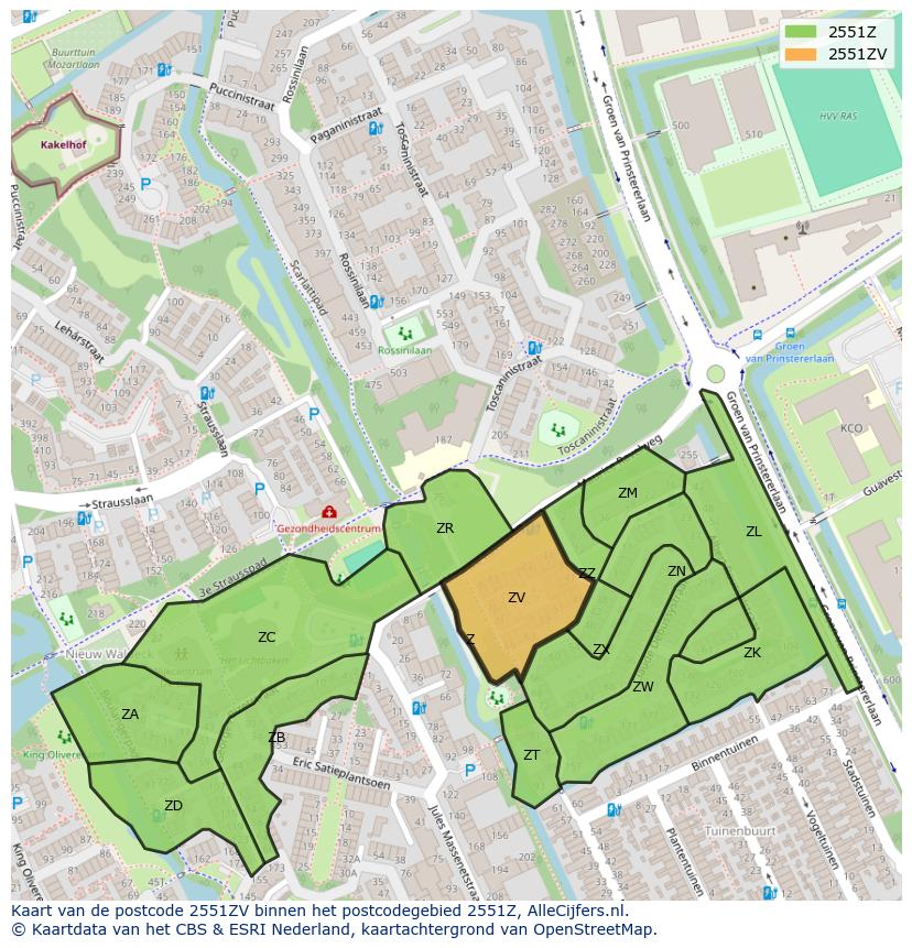 Afbeelding van het postcodegebied 2551 ZV op de kaart.