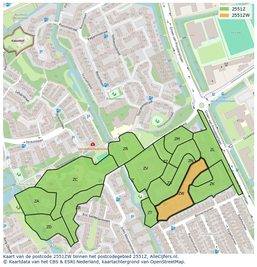 Afbeelding van het postcodegebied 2551 ZW op de kaart.