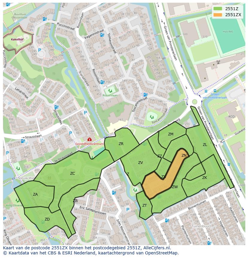 Afbeelding van het postcodegebied 2551 ZX op de kaart.