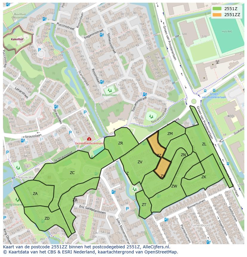Afbeelding van het postcodegebied 2551 ZZ op de kaart.