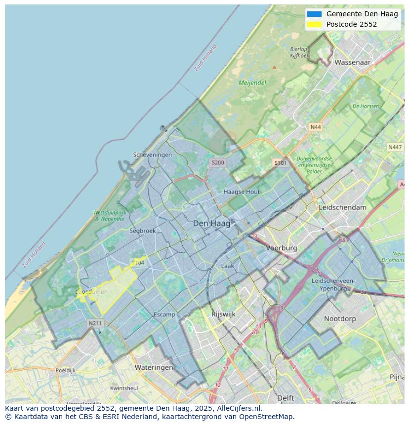 Afbeelding van het postcodegebied 2552 op de kaart.